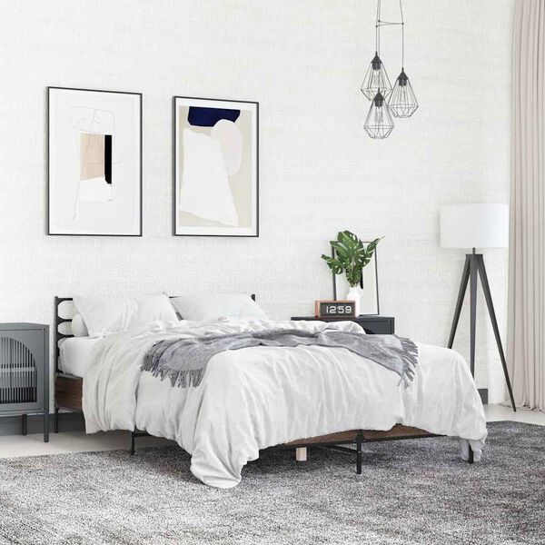 vidaXL Рамка за легло, кафяв дъб, 140x190 см, инженерно дърво и метал