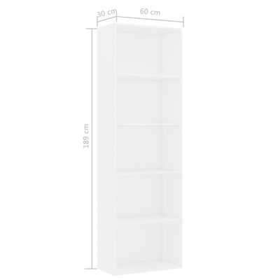 vidaXL 5-етажна библиотека, бяла, 60x30x189 см, ПДЧ