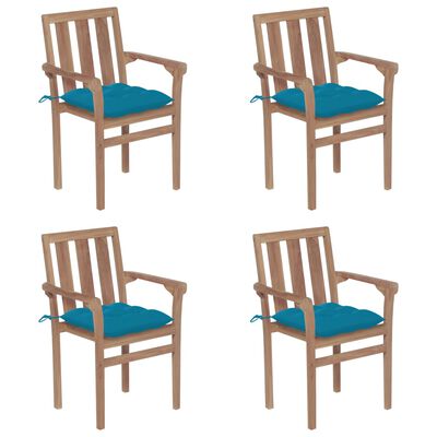 vidaXL Стифиращи градински столове с възглавници, 4 бр, тик масив