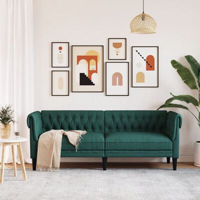 vidaXL Честърфийлд диван, 3-местен, тъмнозелен, текстил