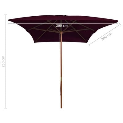 vidaXL Градински чадър с дървен прът, бордо червен, 200x300 см