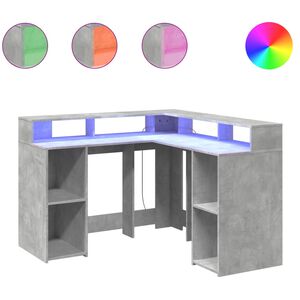vidaXL Бюро с LED, бетонно сиво, 130x130x91 см, инженерно дърво