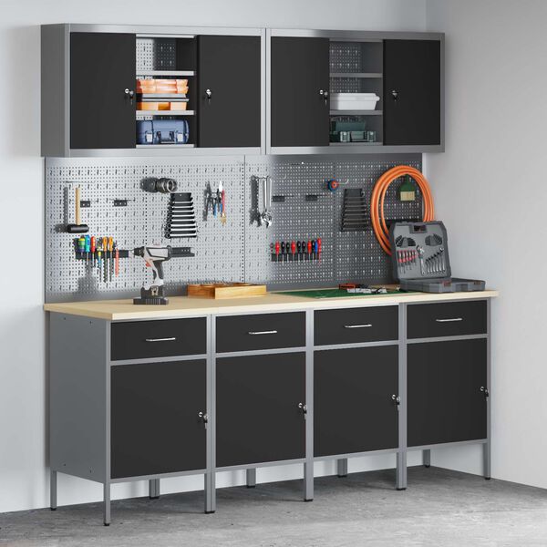 vidaXL Работен кабинет 10 pcs Черно Инженерна дървесина и стомана