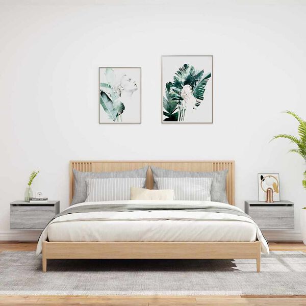 vidaXL Нощни шкафчета за стена с LED осветление, 2 бр, сив сонома