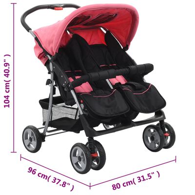 vidaXL Бебешка количка за близнаци, розово и черно, стомана