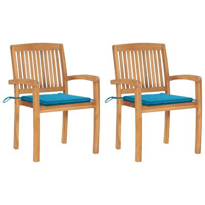 vidaXL Градински столове, 2 бр, сини възглавници, тиково дърво масив