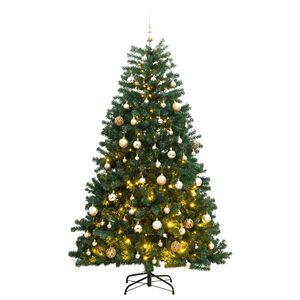 vidaXL Изкуствена коледна елха с шарнири, 300 LED и топки, 210 см