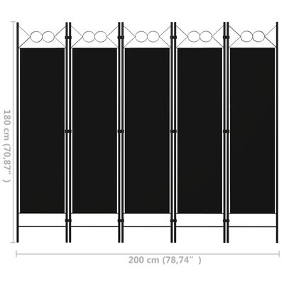 vidaXL Параван за стая, 5 панела, черен, 200x180 см