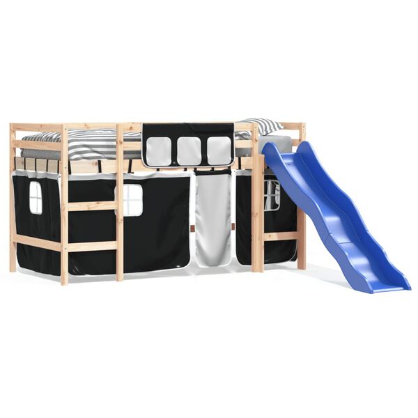 vidaXL Детско високо легло със завеси бяло и черно 80x200 см бор масив