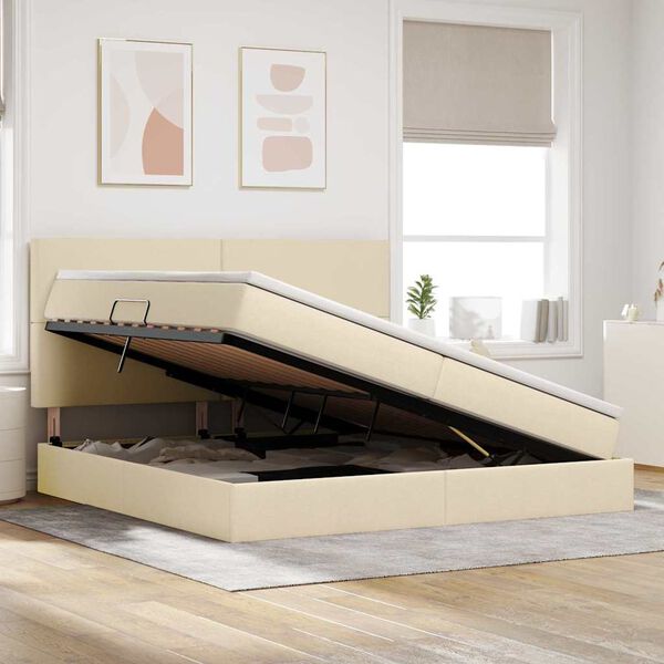 vidaXL Легло с място за съхранение и LED Кремав 200 x 200 cm Полиестер