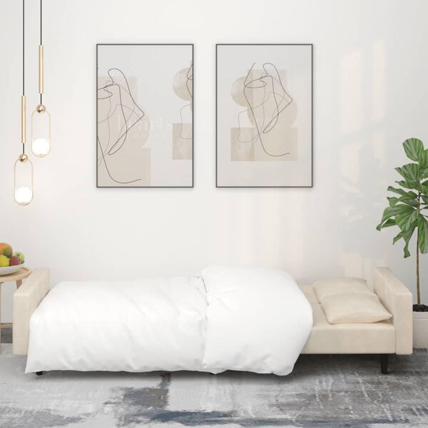 vidaXL 2-местно разтегателно канапе с две възглавници, кремаво, кадифе