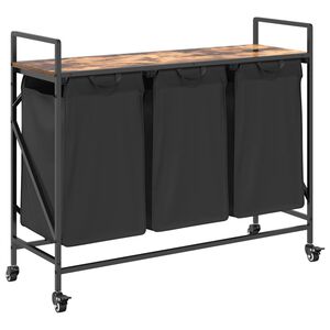 vidaXL Кош за пране с 3 отделения и колелца, опушен дъб