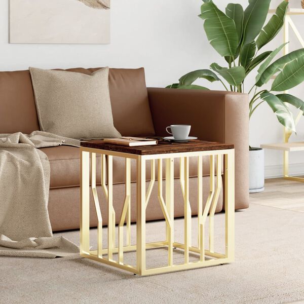 vidaXL Кафе маса, златиста, инокс и регенерирано дърво масив