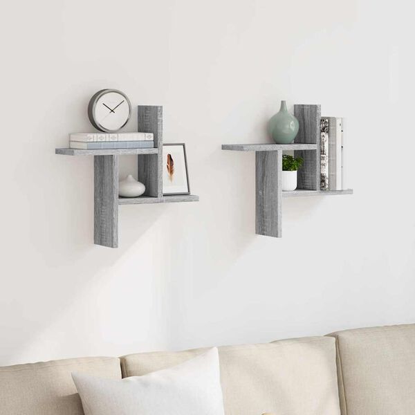 vidaXL Стенни рафтове, 2 бр, сив сонома, 38x12x38 см, инженерно дърво