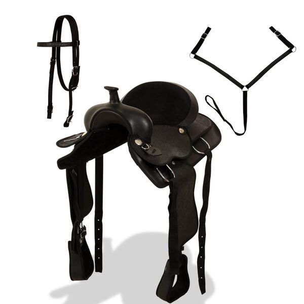 vidaXL Уестърн седло, оглавник и опас, естествена кожа, 16", черно