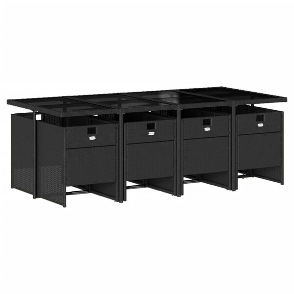 vidaXL Градински трапезен комплект възглавници 9 части черен полиратан