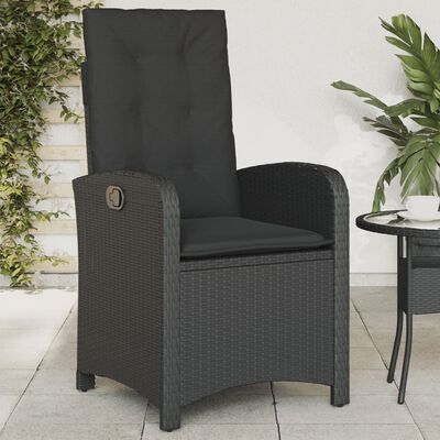 vidaXL Накланящ се градински стол с възглавници, черен, полиратан