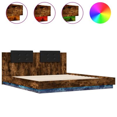 vidaXL Рамка за легло с табла и LED осветление, опушен дъб, 180x200 см