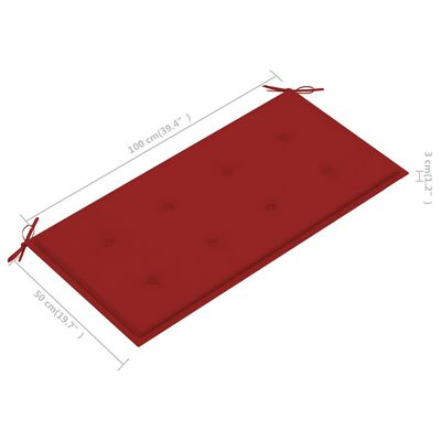 vidaXL Градинска пейка с червена възглавница, 112 см, тик масив