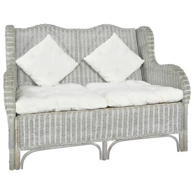vidaXL 2-местен диван, сив, естествен ратан и лен