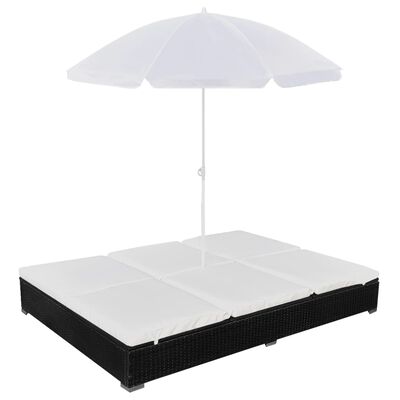 vidaXL Градинско лаундж легло с чадър, полиратан, черно