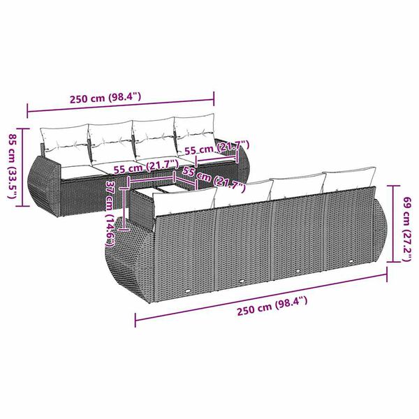 vidaXL Градински комплект с възглавници, 9 части, светлосив полиратан