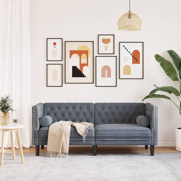 vidaXL Честърфийлд диван с болстери, 2-местен, тъмносив, кадифе