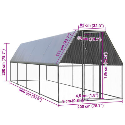 vidaXL Външна клетка за пилета, 2x8x2 м, поцинкована стомана