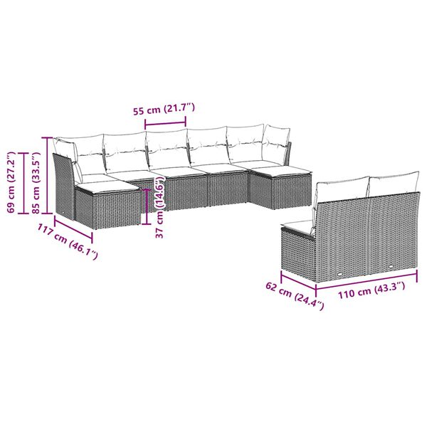 vidaXL Градински комплект диван с възглавници 9 части черен полиратан