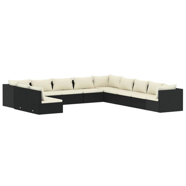 vidaXL Градински лаундж комплект с възглавници 11части черен полиратан