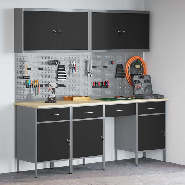 vidaXL Работен кабинет 10 pcs Черно Инженерна дървесина и стомана