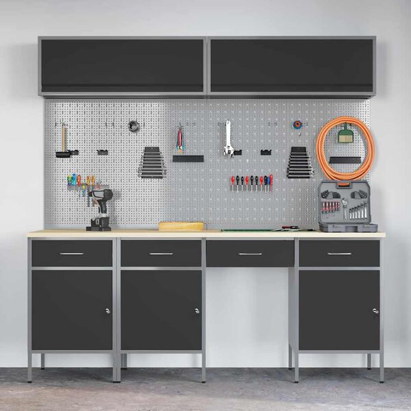 vidaXL Комплект работни шкафове с чекмедже със съхранение 10 pcs Черно