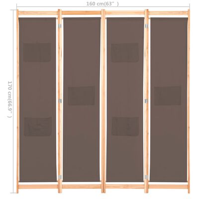 vidaXL Параван за стая, 4 панела, кафяв, 160x170x4 cм, текстил
