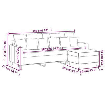vidaXL 3-местен диван с табуретка, тъмносив, 180 см, кадифе
