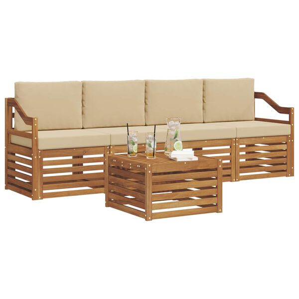 vidaXL Комплекти дивани 5 pcs Природен и бежов Солидно акациево дърво