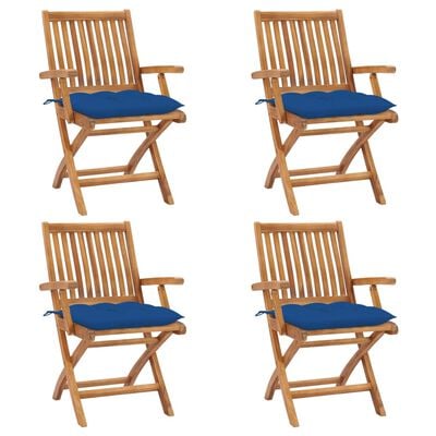 vidaXL Сгъваеми градински столове с възглавници, 4 бр, тик масив
