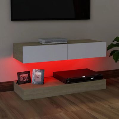 vidaXL ТВ шкаф с LED осветление, бяло и дъб сонома, 90x35 см