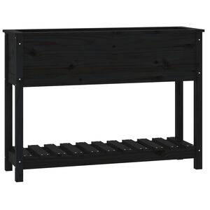vidaXL Плантер с рафт, черен, 111,5x34,5x81 см, борово дърво масив