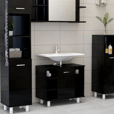 vidaXL Шкаф за баня, черен гланц, 60x32x53,5 см, ПДЧ