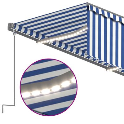 vidaXL Ръчно прибиращ се сенник с щори и LED, 5x3 м, синьо и бяло