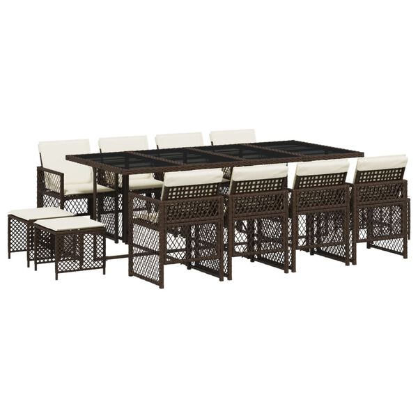 vidaXL Външен трапезен комплект 13 части с възглавници кафяв полиратан