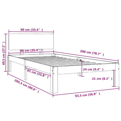 vidaXL Рамка за легло, сива, борово дърво масив, 90х200 см