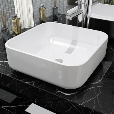 vidaXL Керамична мивка, квадратна, бяла, 39x39x13,5 см