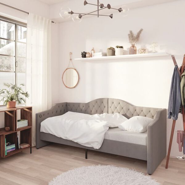 vidaXL Дневно легло, USB, светлосиво, текстил, 90х200 см