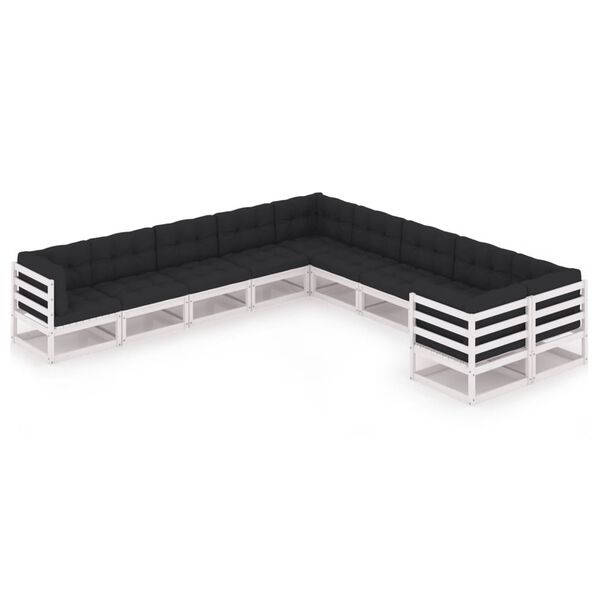 vidaXL Градински лаундж комплект 10 части с възглавници бял бор масив