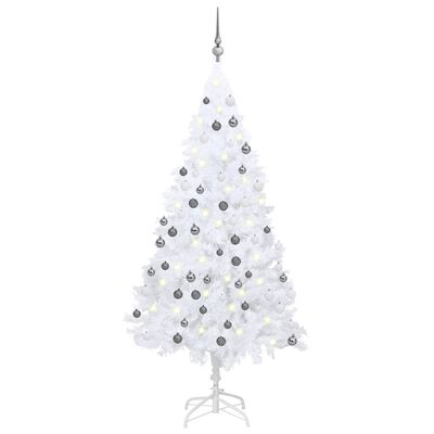 vidaXL Изкуствена осветена коледна елха с топки бяла 150 см PVC