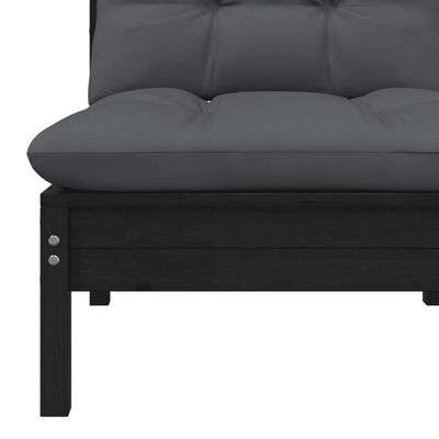 vidaXL 2-местен градински диван с възглавници, черен, бор масив