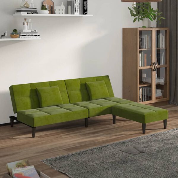 vidaXL 2-местно канапе две възглавници и табуретка светлозелено кадифе