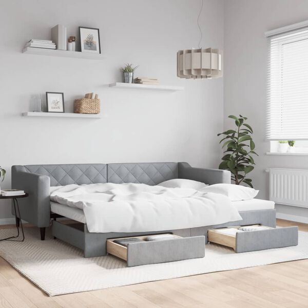 vidaXL Канапе с изтеглящо легло и чекмеджета светлосиво 90x200 см плат