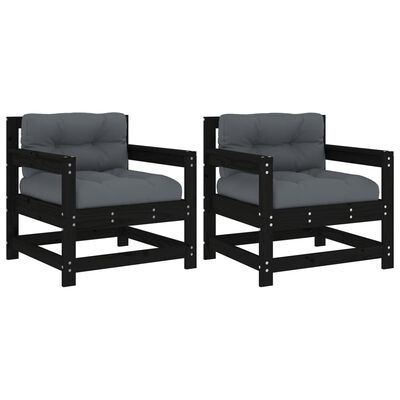 vidaXL Градински столове с възглавници, 2 бр, черни, бор масив